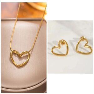 18K Gold Overlay Silver Open Heart Necklace Pendant and Open Heart Post Earrings